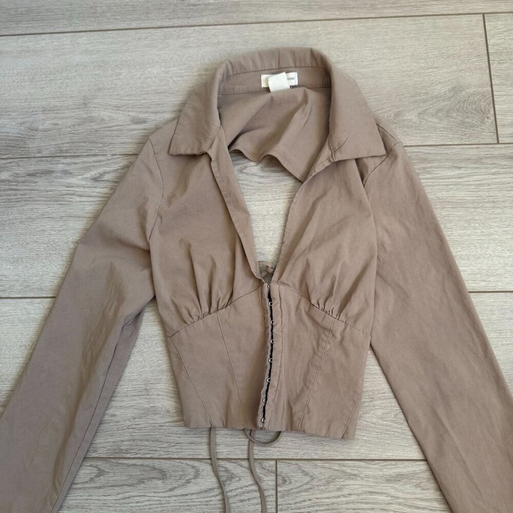 Urban Outfitters UO Bengaline Long Sleeve Corset Crop Top Womens Size Medium Tan - Picture 2 of 8